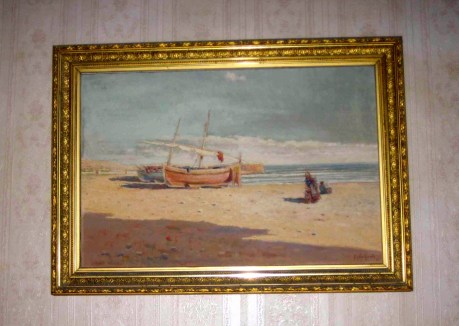 Joan Batlle i Amell, Platja de Sitges, al seu emplaçament original de Can Falç. Actualment al Museu de Maricel, a la sala de l'Escola Luminista. Fot. Frèia Berg. 